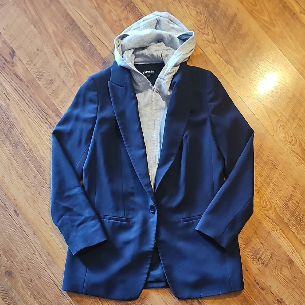 Express Navy Blazer with Light Gray Hoodie Layer